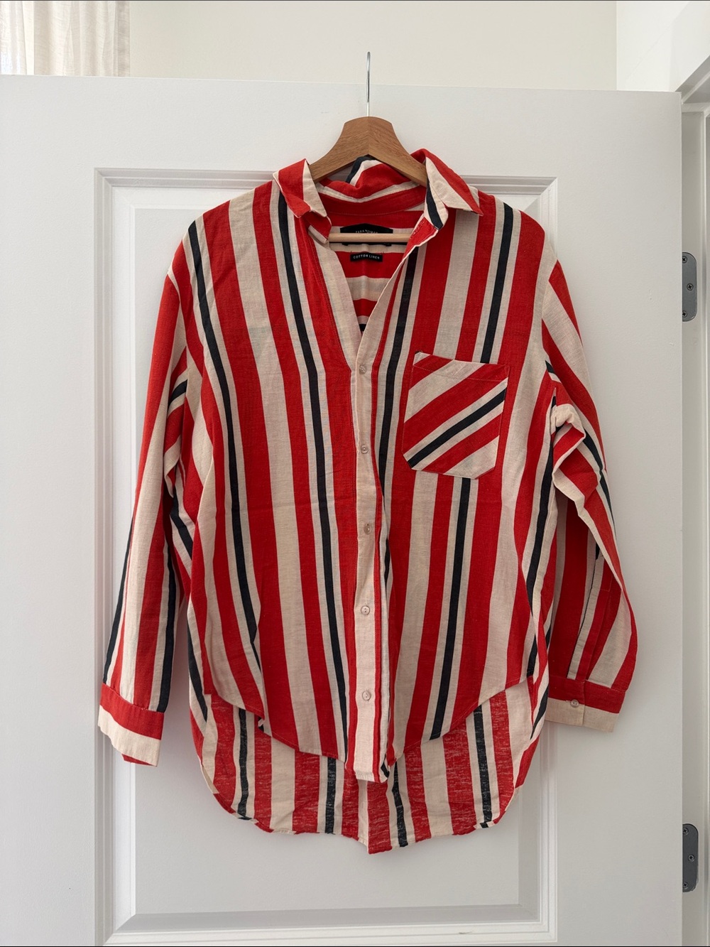 Zara Red Cream and Navy Striped Button-Down Shirt